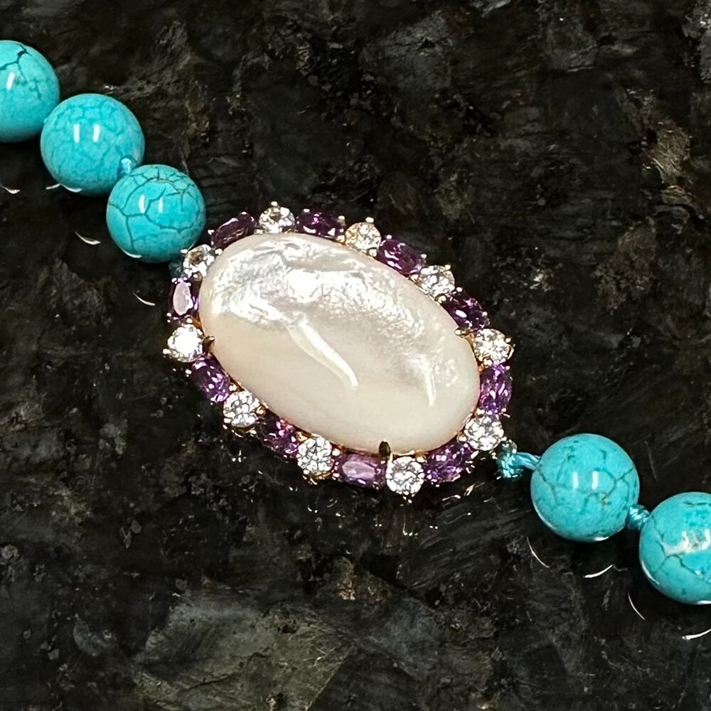 925 Sterling Silver Pearl Multi-Gemstone Blue Magnesite Beaded Necklace 18”L - Picture 2 of 5